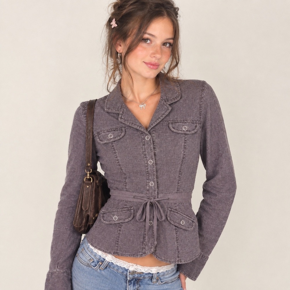 Y2K Athleta 100% Linen Utility Snap Jacket Brown Mauve Twee Soft Girl Size Small